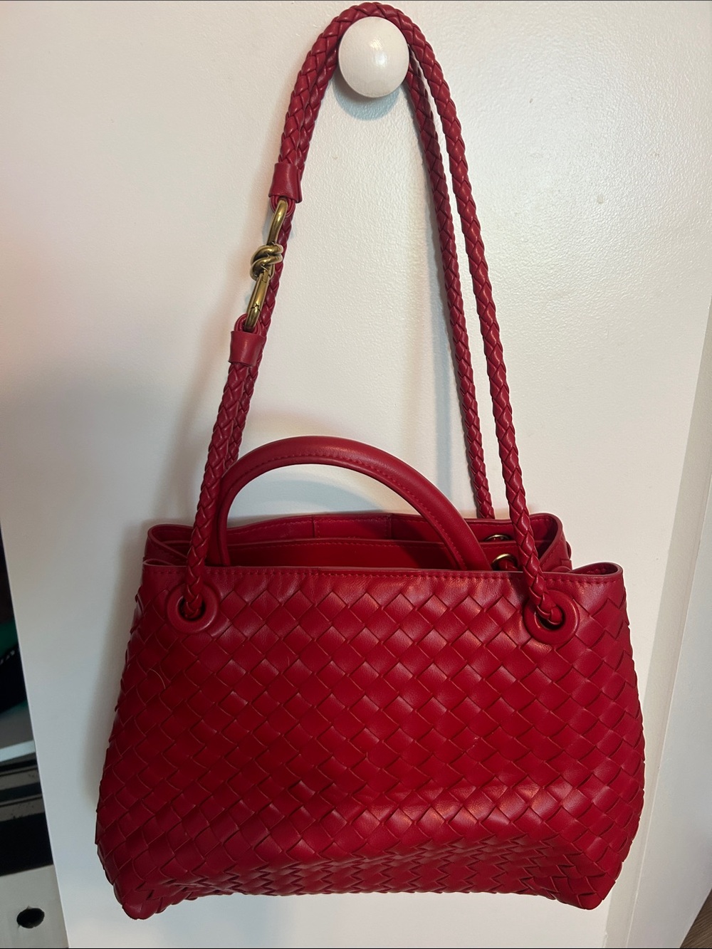 Red Woven Leather Tote Handbag